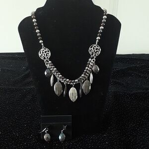 Charcoal, silver, Bronze necklace and matching pierced earrings jewelry.